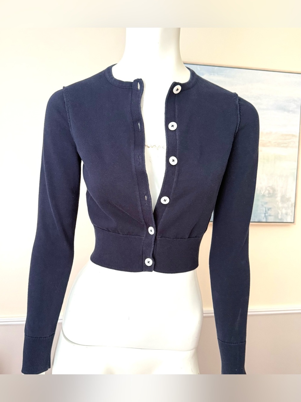 Brooks Brothers Navy Knit Crewneck Cropped Button-front Cardigan Size XS